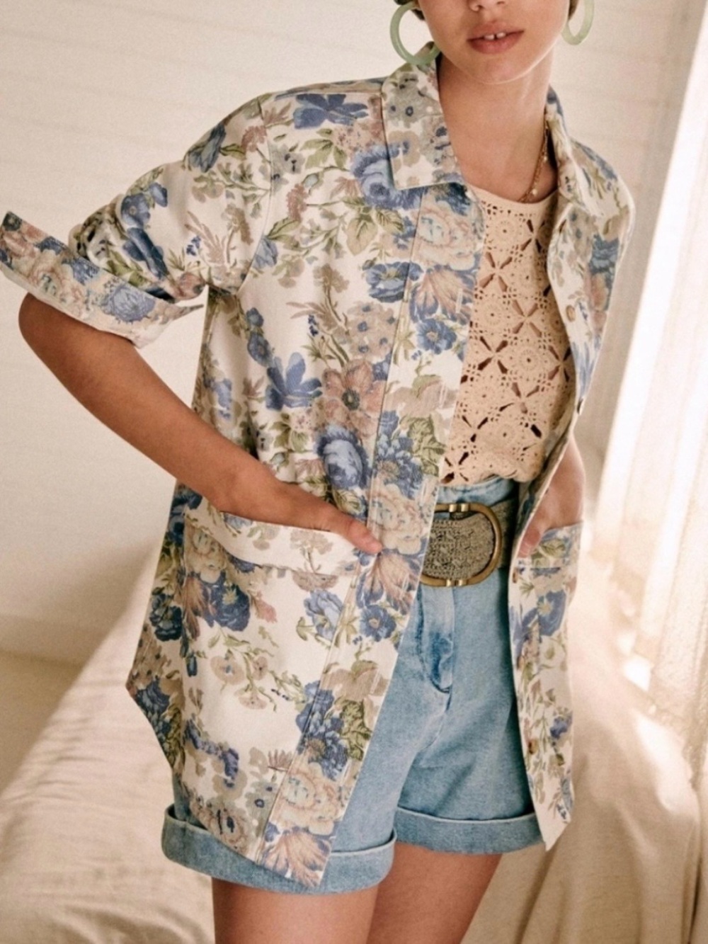 Sezane Will floral print denim button front shirt jacket